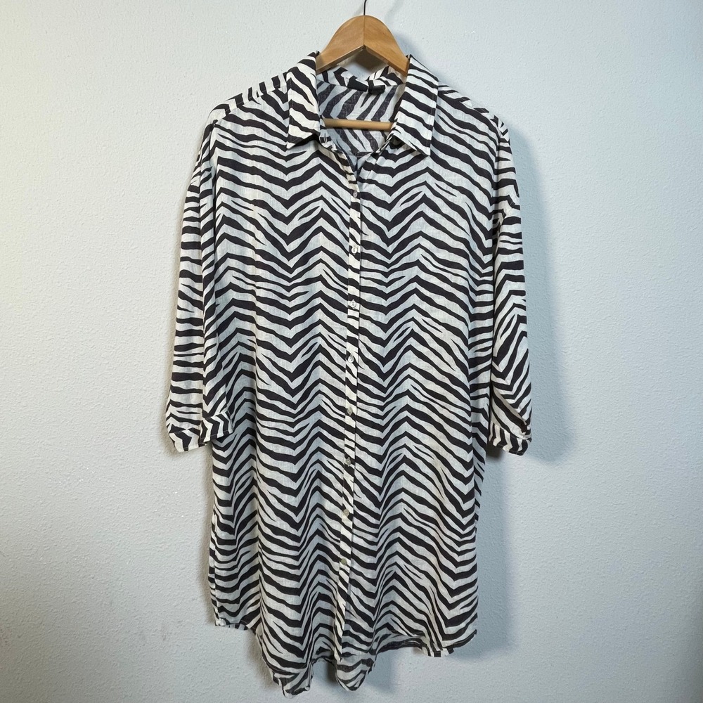 Tahari Zebra Linen Blend Button Up‎ Tunic Dress Womens XL Brown White Coastal